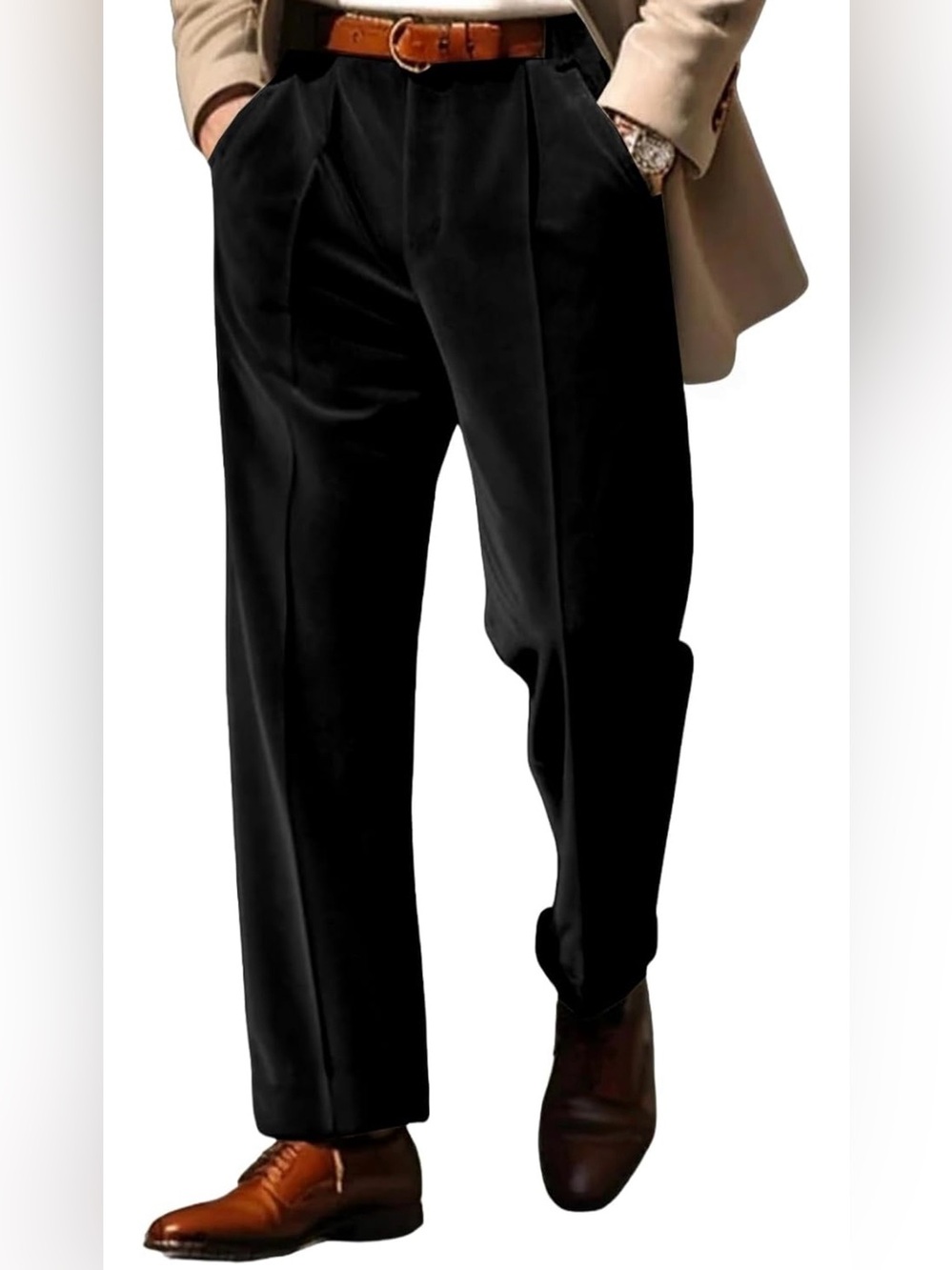 Men's Black Velvet Tailored Pleated Dress Pants